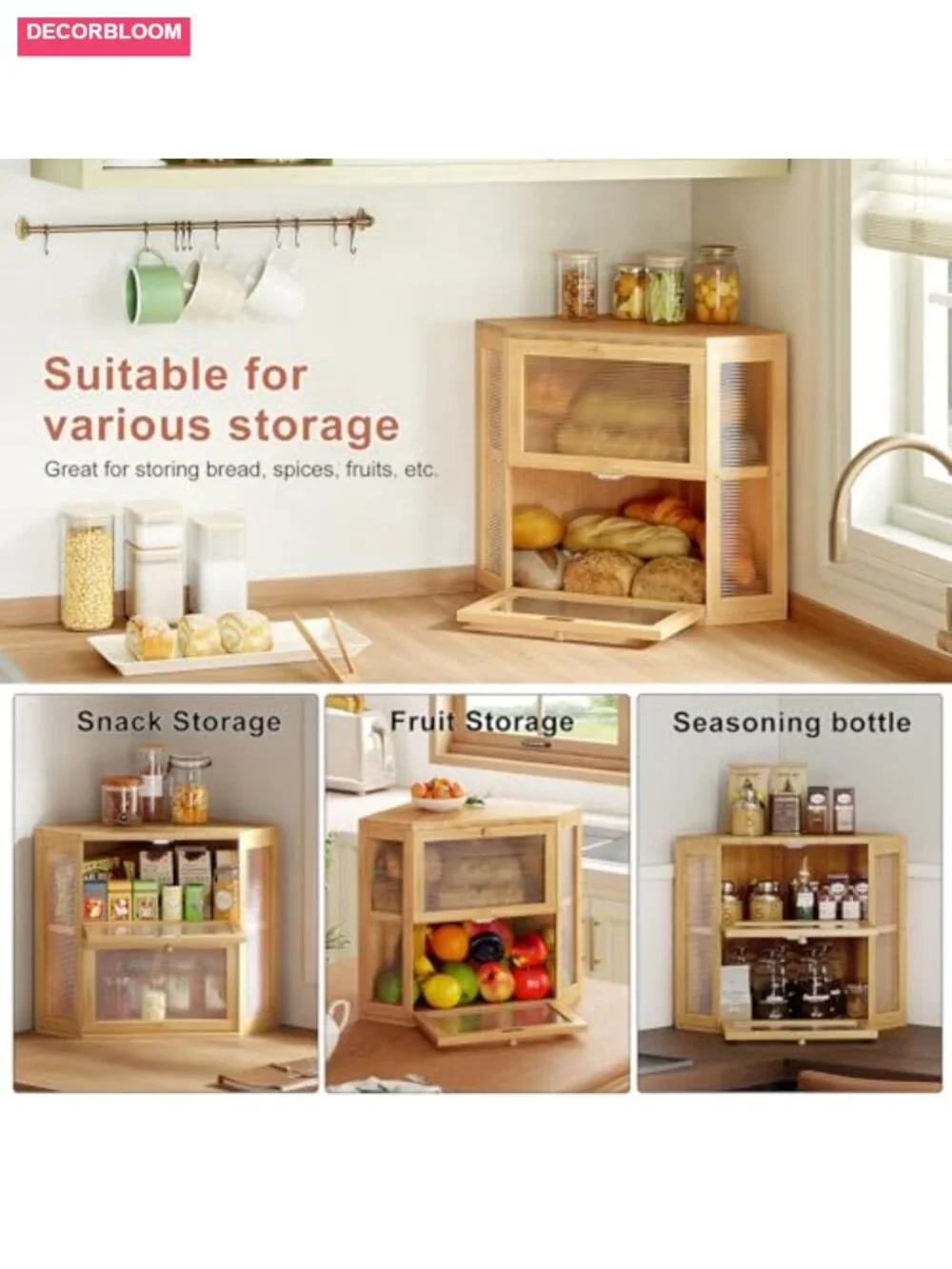 Double Layer Corner Bread Box with 2 Doors, Bamboo Kitchen Storage